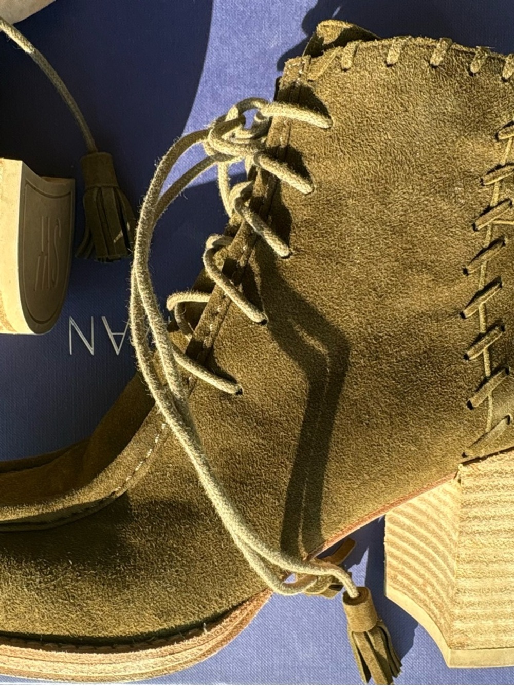 Stuart Weitzman Olive Suede Tassel Lace-Up Block Heel Ankle Boots, size 8M - Picture 4 of 15
